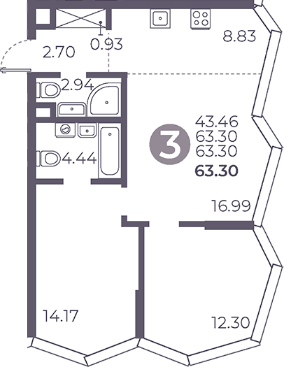 3-комн., 63.3 м², 35/39 этаж, ЖК «Мневники от Гранель»