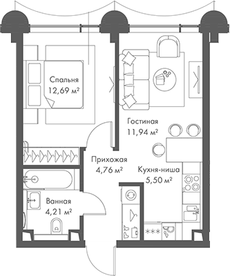 2-комн., 39.1 м², 15/17 этаж, ЖК «МИРА»