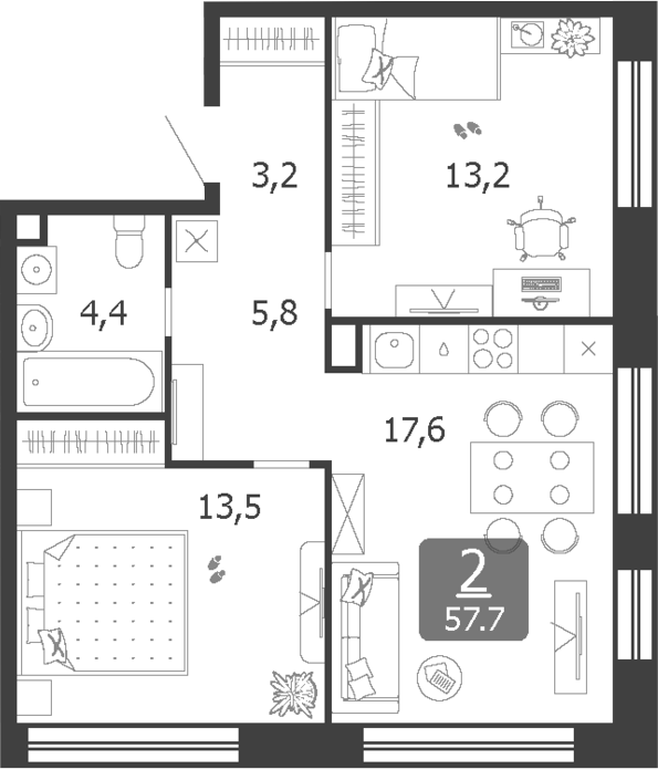 3-комн., 57.7 м², 13/19 этаж, ЖК «Шагал»