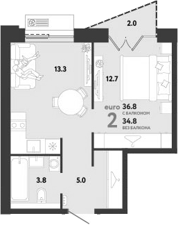 2-комн., 34.8 м², 3/12 этаж, ЖК «Страна.Заречная»