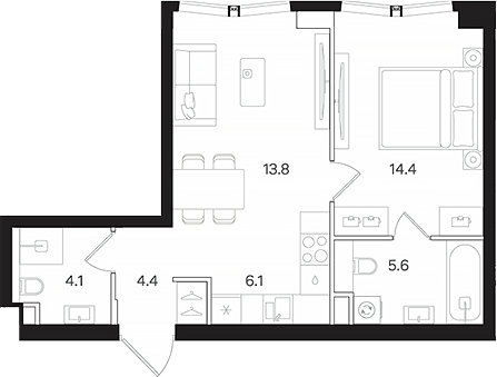 2-комн., 48.4 м², 22/42 этаж, ЖК «АУРА»