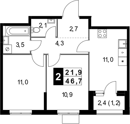 2-комн., 45.5 м², 25/25 этаж, ЖК «1-й Измайловский»