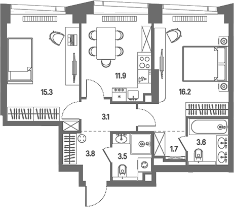 2-комн., 59.1 м², 31/39 этаж, ЖК «КОД Сокольники»