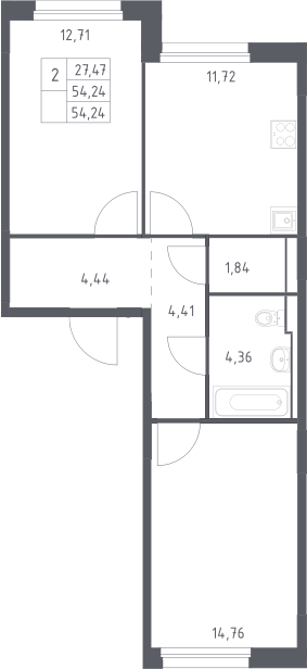 2-комн., 54.24 м², 10/11 этаж, ЖК «Прибрежный Парк»