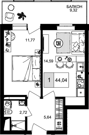 1-комн. квартира, 34.72 м² в ЖК IT гостиничный комплекс Корсаков — фото 2