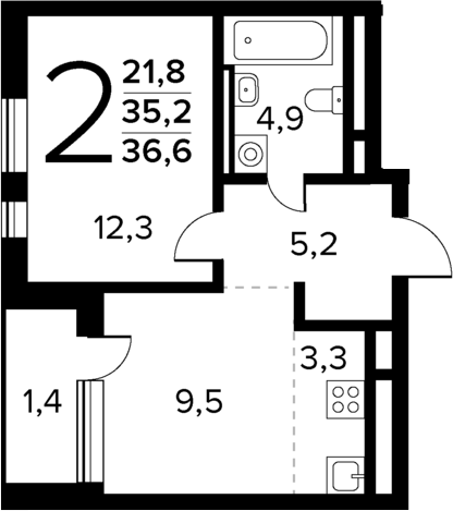 2-комн., 35.2 м², 11/12 этаж, ЖК «Новые Ватутинки Квартал у реки»