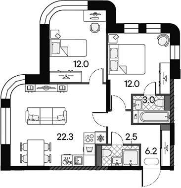 3-комн., 58 м², 12/18 этаж, ЖК «МАРК»