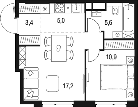 2-комн., 42.1 м², 6/48 этаж, ЖК «Левел Мичуринский»