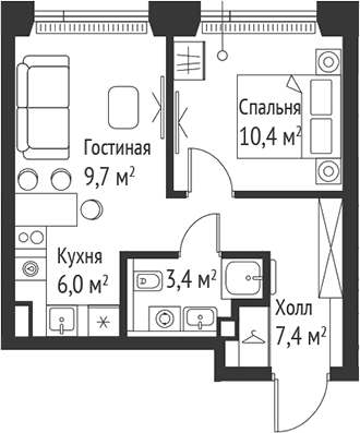 2-комн., 36.9 м², 40/59 этаж, ЖК «СЕТ»