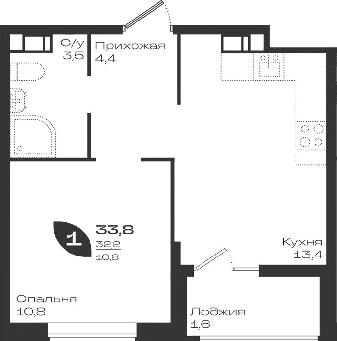1-комн. квартира, 32.1 м² в ЖК Ботаника — фото 2