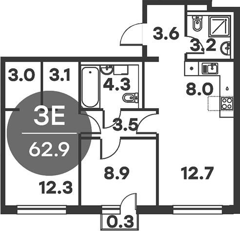 3-комн., 62.6 м², 3/6 этаж, ЖК «Равновесие»