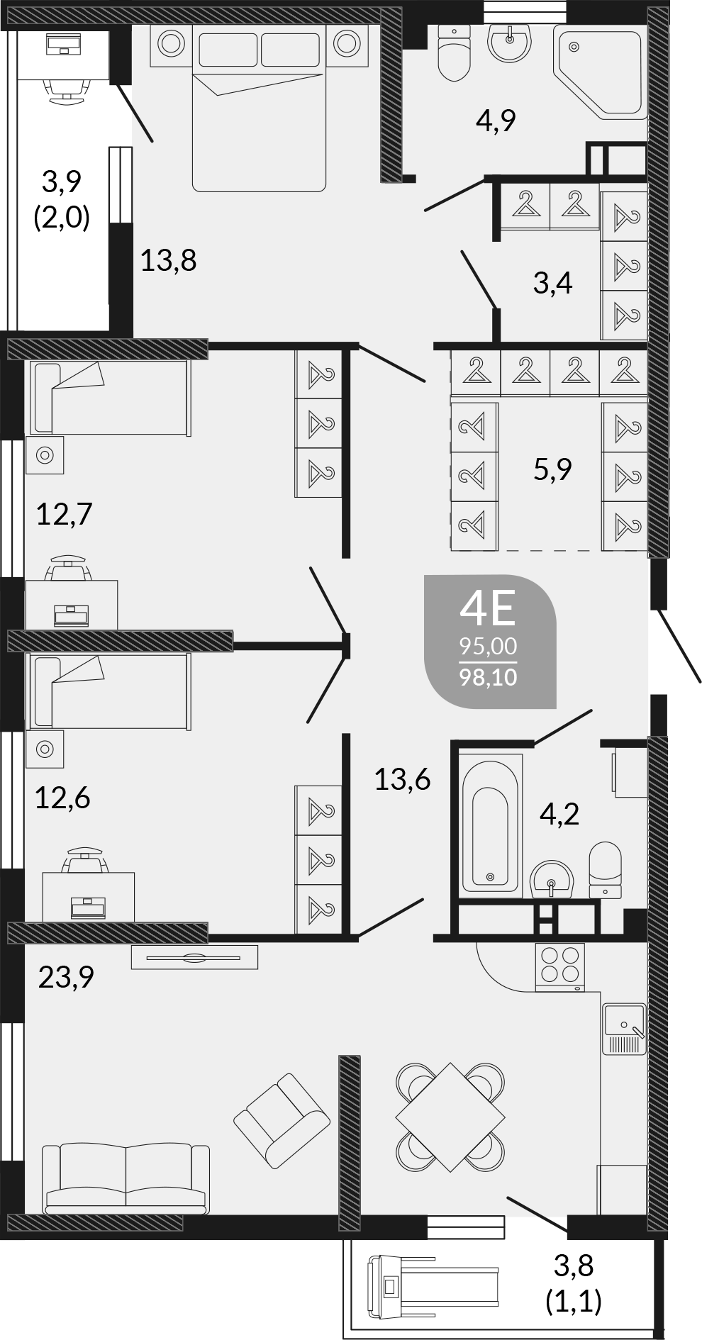 4-комн. квартира, 95 м² в ЖК Облака — фото 2