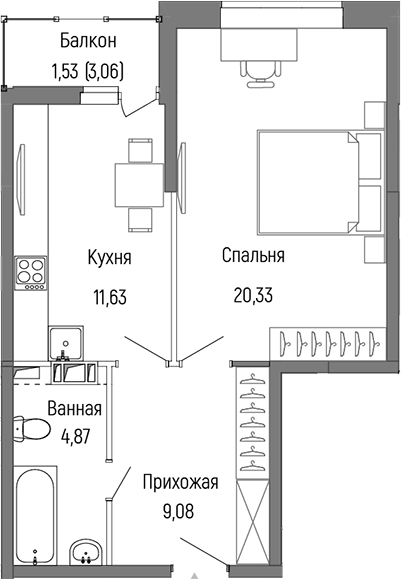 1-комн., 45.91 м², 9/9 этаж, ЖК «Рига Хиллс»