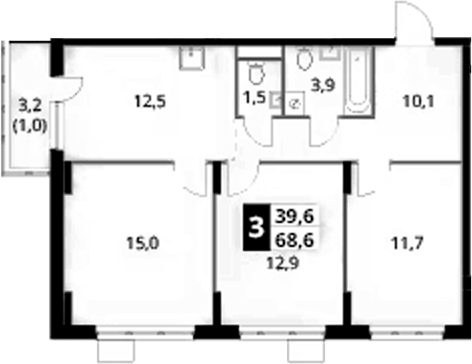 3-комн., 67.6 м², 22/24 этаж, ЖК «1-й Донской»