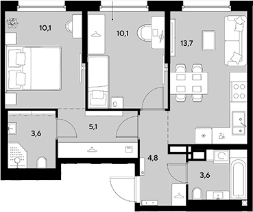 2-комн., 51 м², 5/18 этаж, ЖК «Грейд»