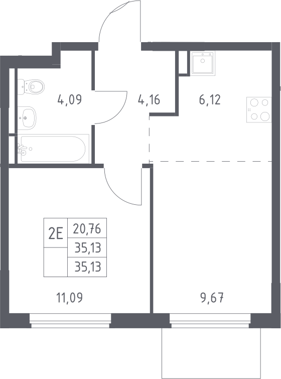 2-комн., 35.13 м², 9/9 этаж, ЖК «Мытищи Парк»