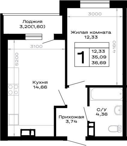 1-комн., 35.09 м², 6/14 этаж, ЖК «Горные высоты»