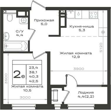 2-комн., 38.1 м², 9/12 этаж, ЖК «Нагория»