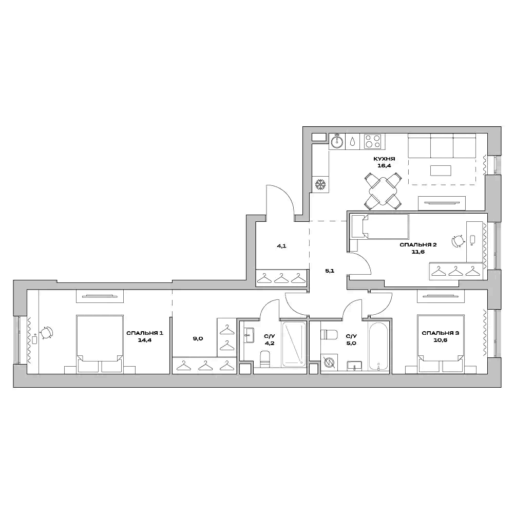 4+ комнаты, 80.4 м², 2/22 этаж, ЖК «Детали»