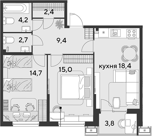 3-комн. квартира, 66.8 м² в ЖК Парк Победы — фото 2