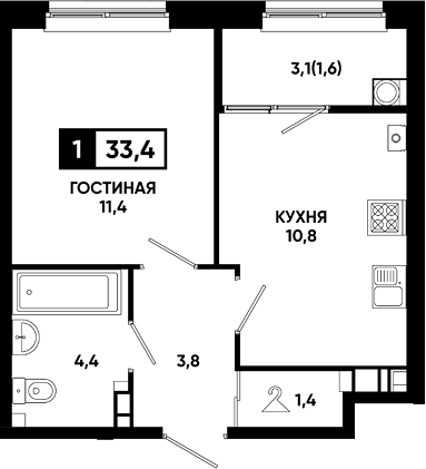 1-комн., 31.8 м², 10/14 этаж, ЖК «Резиденция Софи»
