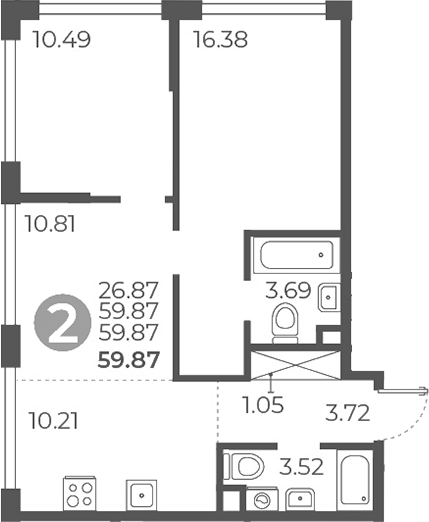 2-комн., 59.87 м², 2/27 этаж, ЖК «Мневники от Гранель»