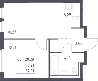 2-комн., 32.9 м², 17/17 этаж, ЖК «Пригород Лесное»