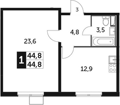 1-комн., 44.8 м², 9/23 этаж, ЖК «Южная Битца»