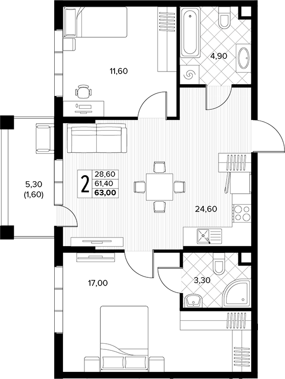 2-комн. квартира, 61.4 м² в ЖК Кипарис — фото 2