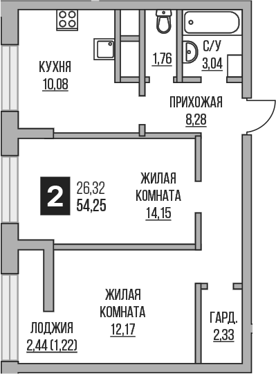 2-комн., 51.81 м², 21/25 этаж, ЖК «Гранель Пехра»