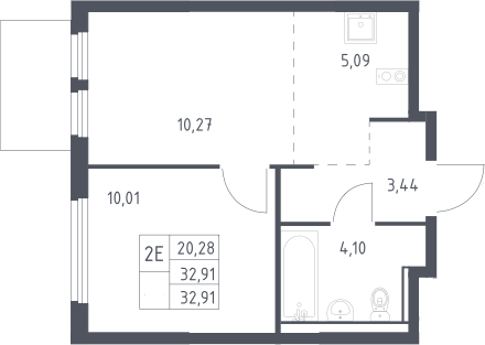 2-комн., 32.91 м², 12/17 этаж, ЖК «Пригород Лесное»