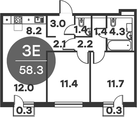 3-комн., 57.7 м², 6/6 этаж, ЖК «Равновесие»