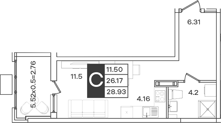 Студия, 26.17 м², 3/9 этаж, ЖК «Сюжеты»
