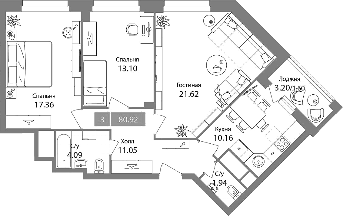3-комн., 79.32 м², 5/17 этаж, ЖК «Планерный квартал»