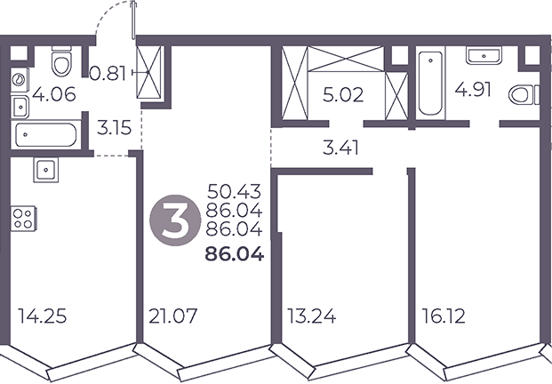 3-комн., 86.04 м², 32/39 этаж, ЖК «Мневники от Гранель»