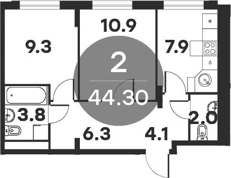2-комн., 44.5 м², 3/5 этаж, ЖК «Равновесие»