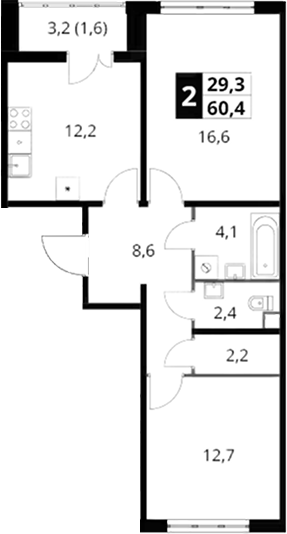 2-комн., 58.8 м², 23/23 этаж, ЖК «Южная Битца»