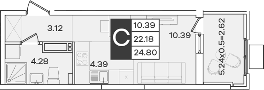 Студия, 22.18 м², 13/18 этаж, ЖК «Сюжеты»