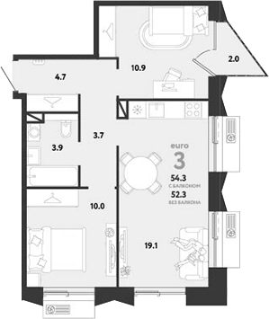 3-комн., 52.3 м², 11/12 этаж, ЖК «Страна.Заречная»