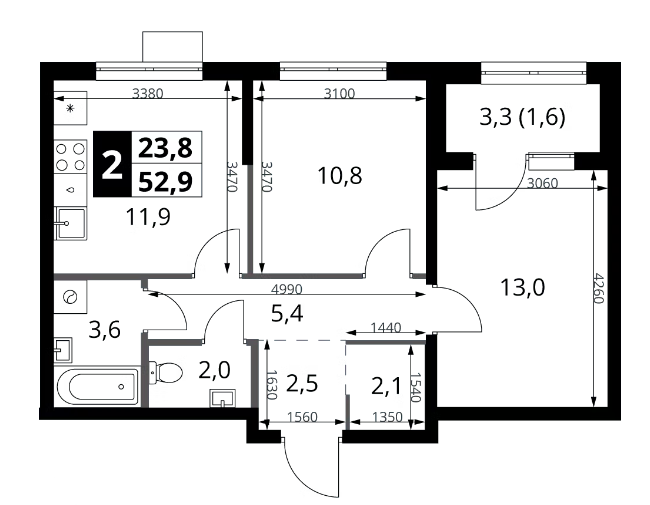 2-комн., 51.3 м², 14/18 этаж, ЖК «1-й Ясеневский»
