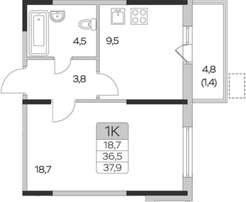 1-комн., 36.5 м², 7/9 этаж, ЖК «Пироговская ривьера. Мытищи»