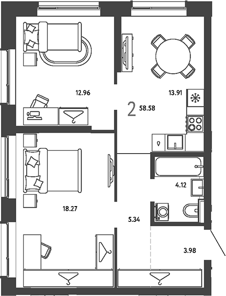 2-комн., 58.58 м², 20/24 этаж, ЖК «Страна.Парковая»