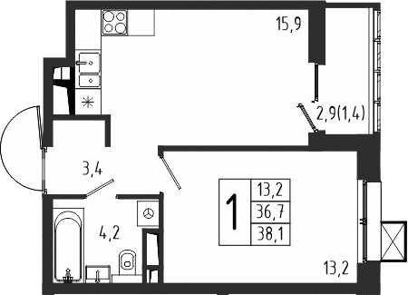 1-комн., 36.7 м², 8/10 этаж, ЖК «Берег»