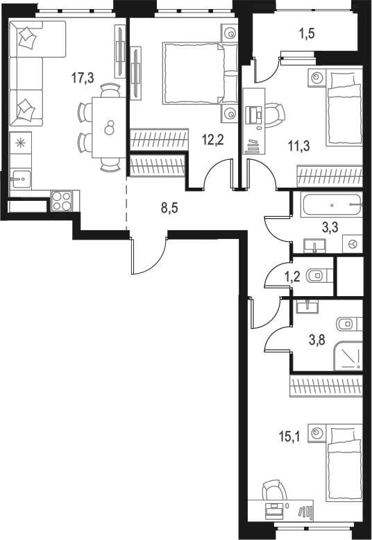 3-комн., 72.7 м², 12/14 этаж, ЖК «Левел Лесной»