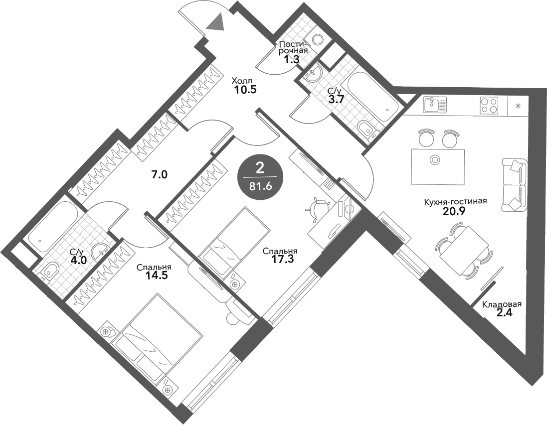 3-комн., 81.6 м², 12/20 этаж, ЖК «Воксхолл»