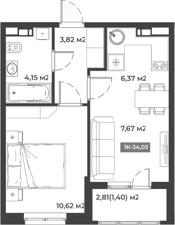 1-комн., 32.63 м², 1/5 этаж, ЖК «Соловей»