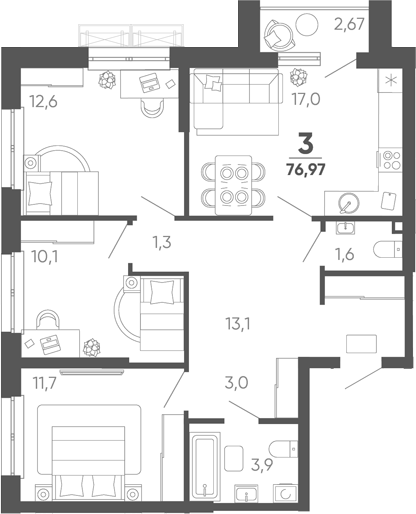 3-комн. квартира, 74.3 м² в ЖК Барса — фото 2