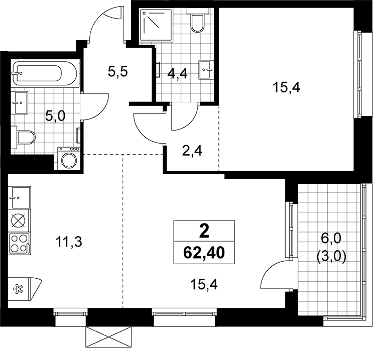 2-комн., 59.4 м², 11/12 этаж, ЖК «Дзен-кварталы»