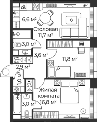 3-комн., 60.4 м², 33/38 этаж, ЖК «Веер»