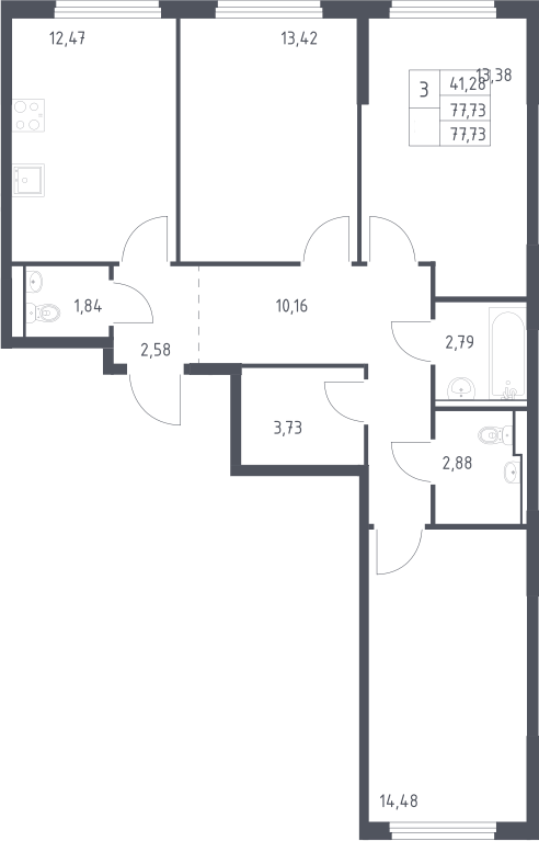 3-комн., 77.73 м², 9/17 этаж, ЖК «Пригород Лесное»
